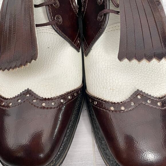 Vintage Etonic Wingtip Golf Shoes Men 11.5 D Metal Spikes Leather Brown White - Picture 9 of 11